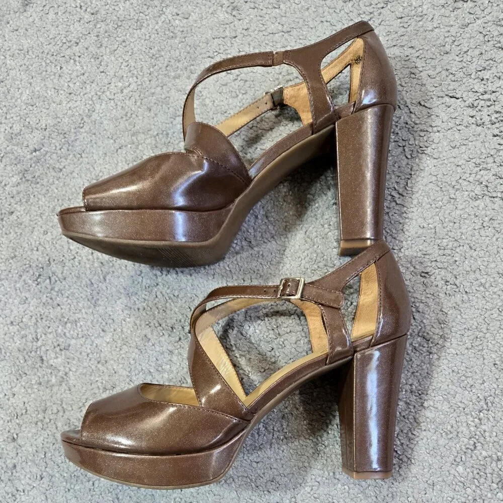 Naturalizer Elise Brown Criss Cross Strap Platform Heels Shimmering Party